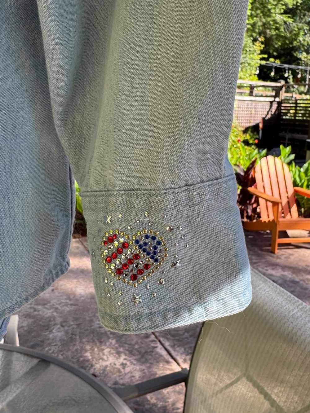 Denim Button-Up Shirt with American Flag Heart Pocket - Picture 3 of 5